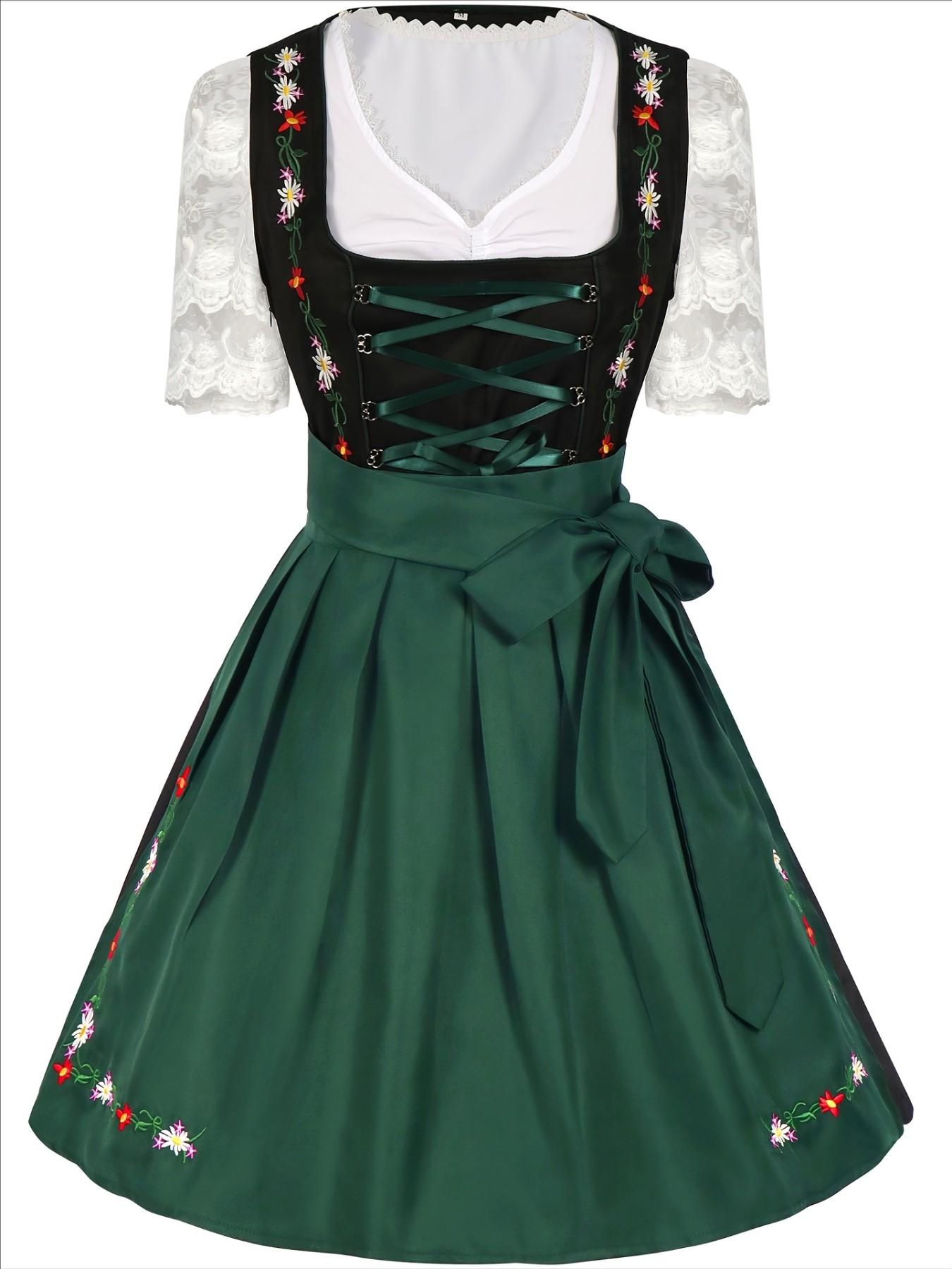 German Dirndl Women's Traditional Beer Festival Dress, Floral Print Lace Bavarian Costume, Fitted All-Season Party Wear