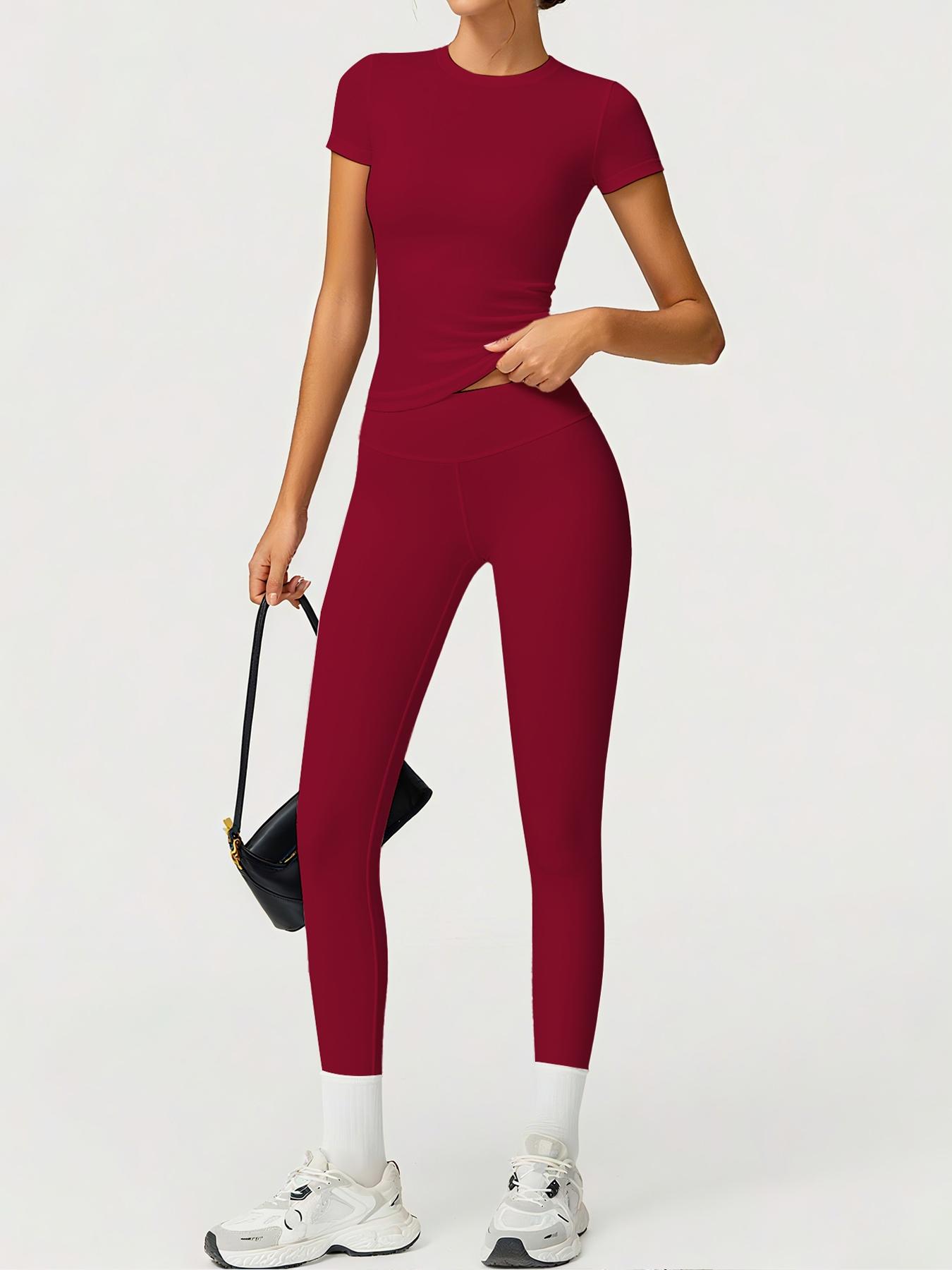 Women's Sporty Fitted Yoga Tracksuit Set, Soft Breathable Stretch Fabric Activewear Short Sleeve Top & Elastic Pants, Ideal for Fitness Running Outdoor Activities