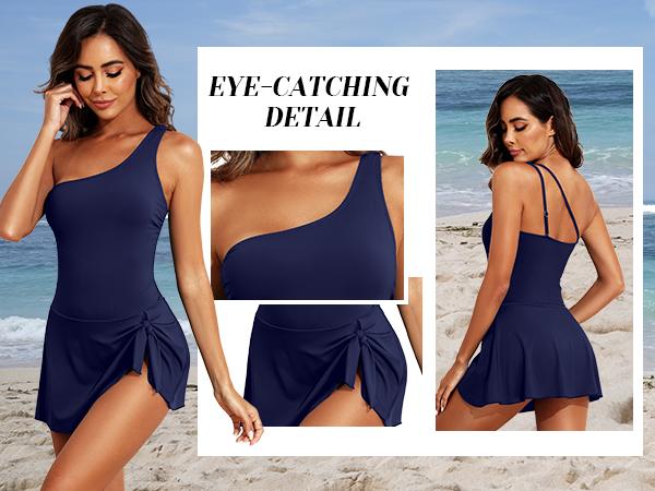 Tempt Me Women One Piece Swim Dress One Shoulder Swimsuit with Skirt Tummy Control Swimdress Swimming Bathing Suit