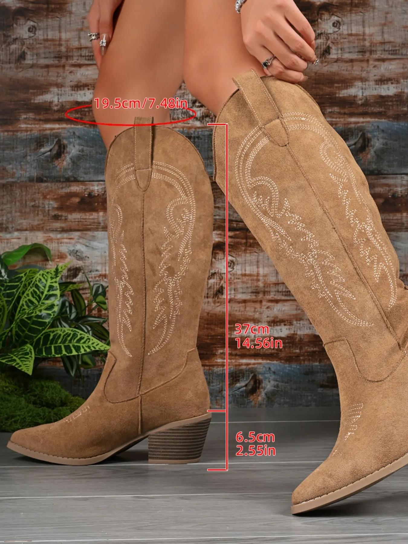 Women's Winter Vintage Embroidered Western Cowboy Boot Knee-High Cowgirl Western Style Boots with V-Shaped Cuff, Slip-On Chunky High Heel Long Boots, Suitable for Christmas, New Year, Music Festivals, Dates, Holiday Parties, and Special Occasions