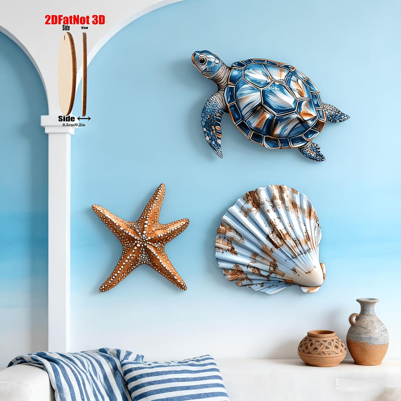 2dp Wooden Wall Decor Set, Turtle Shell Starfish Ocean Style, Suitable for Living Room Kids Bedroom Bathroom Coastal Art