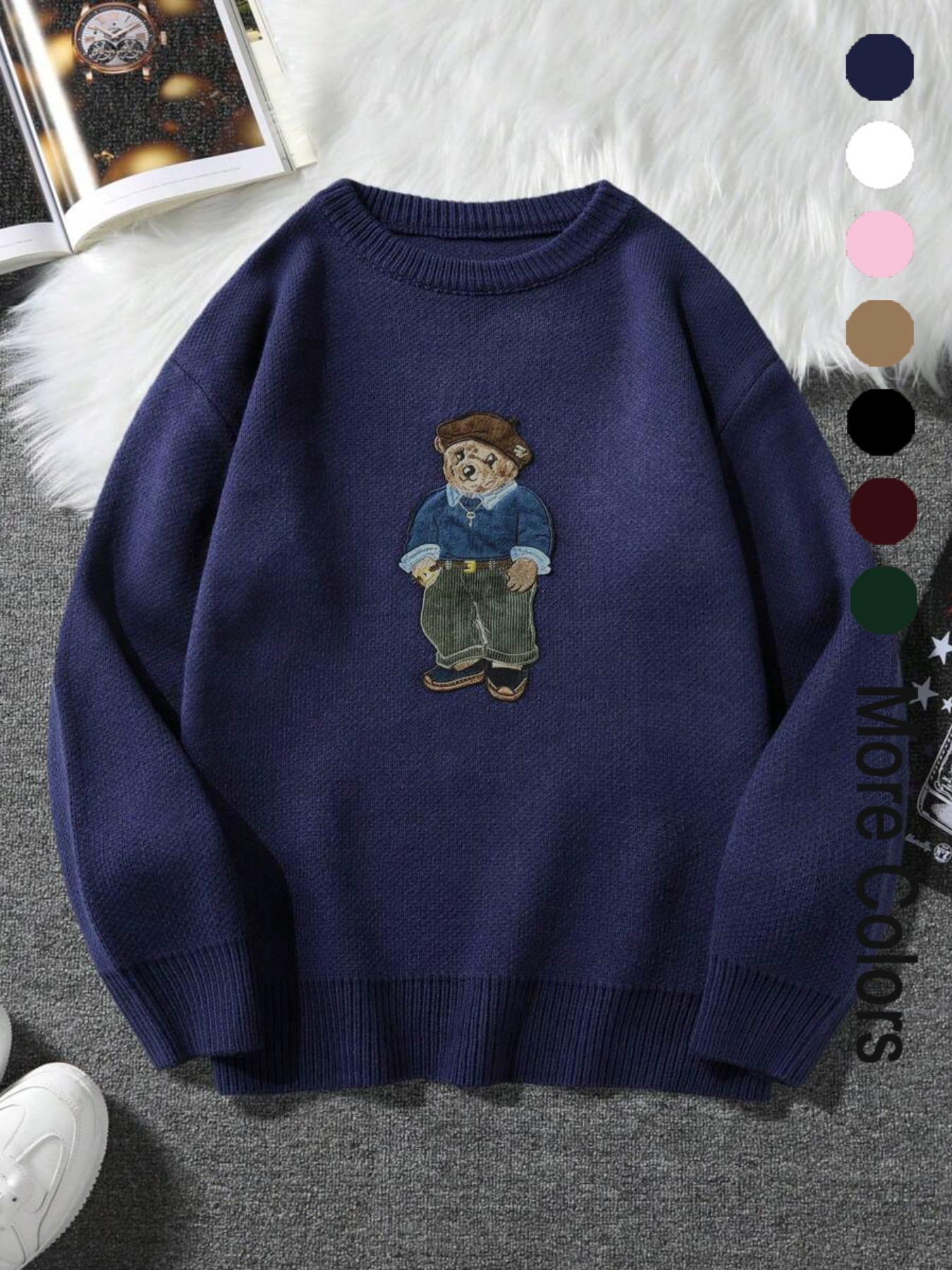 Cartoon Bear Detail Crew Neck Sweater, Casual Loose Long Sleeve Jumper for Fall & Winter, Fashion Ladies' Knitwear for Daily Wear