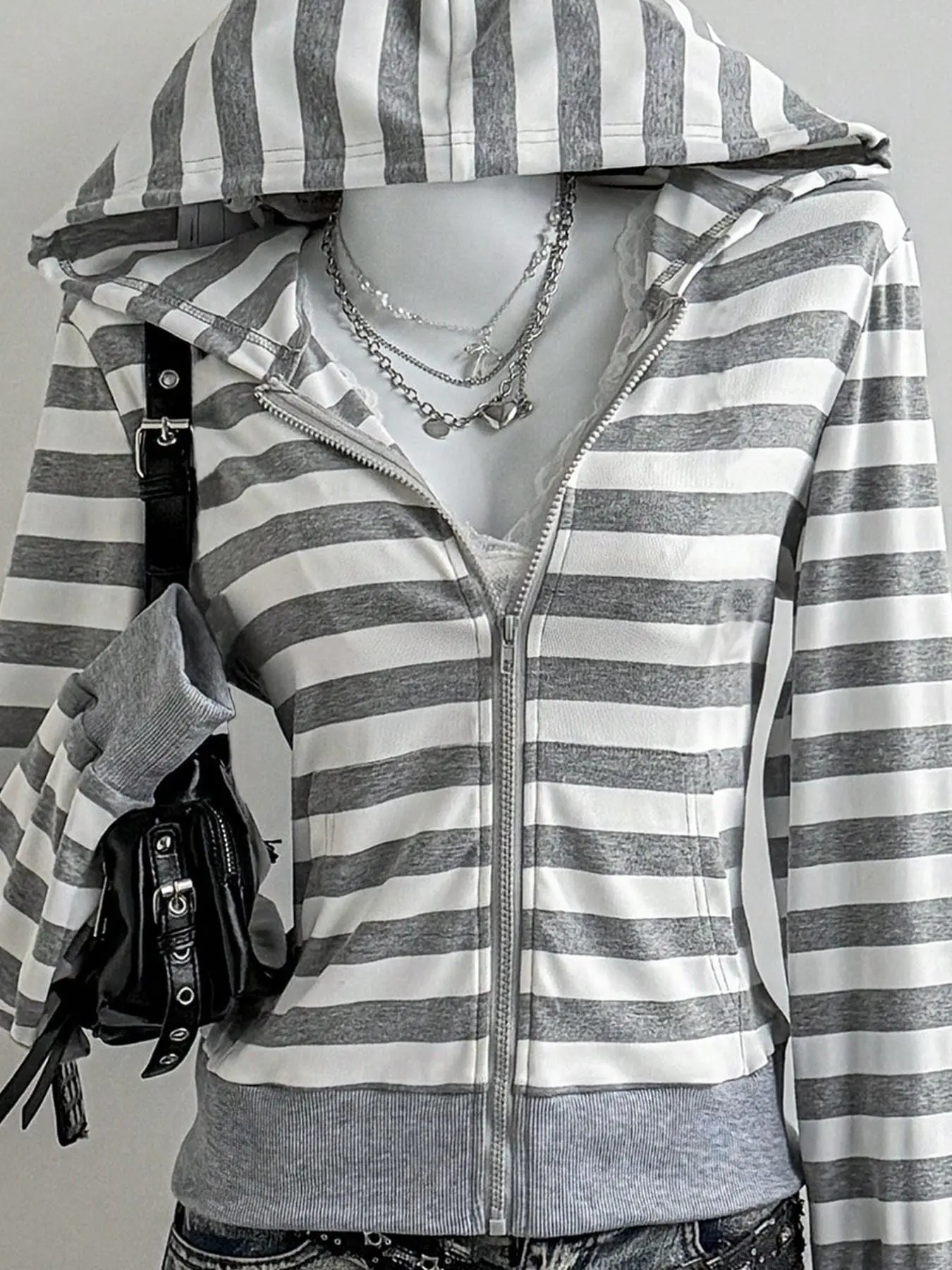 Striped Long Sleeve Loose Ribbed Zipper Fashion Hoodie for Women, Blue Stripes, Fall Winter Season, Casual Fitted Style, Hooded Sweatshirts, Everyday
