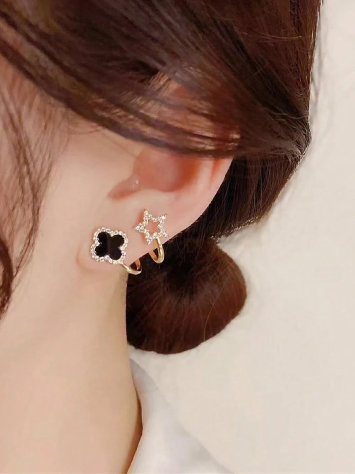 Star Four-Leaf Flower Earrings, Asymmetrical Design for Women, Unique Daily Wear Jewelry, Fashionable Ear Studs for Everyday Use