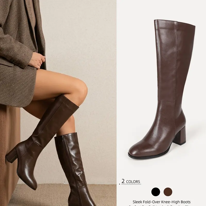 Chic Women's Knee High Boots, Sleek Classic Style, Extra Wide Calf, Round Toe Block Heel, Side Zipper PU Boots, Fall Daily & Office Evening Wear for Women