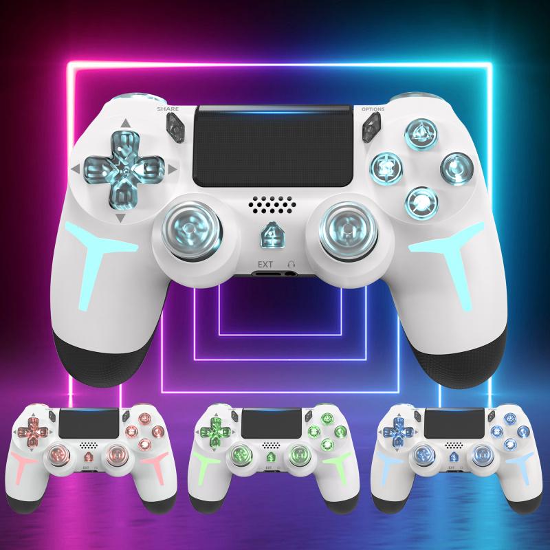 Wireless Game Controller with Three Color Lights, Compatible with Ps4 Ps3 PC, RGB LED Bluetooth-compatible Gaming Joystick, Six-Axis Gyroscope, Dual Vibration Feedback, Wireless Controllers