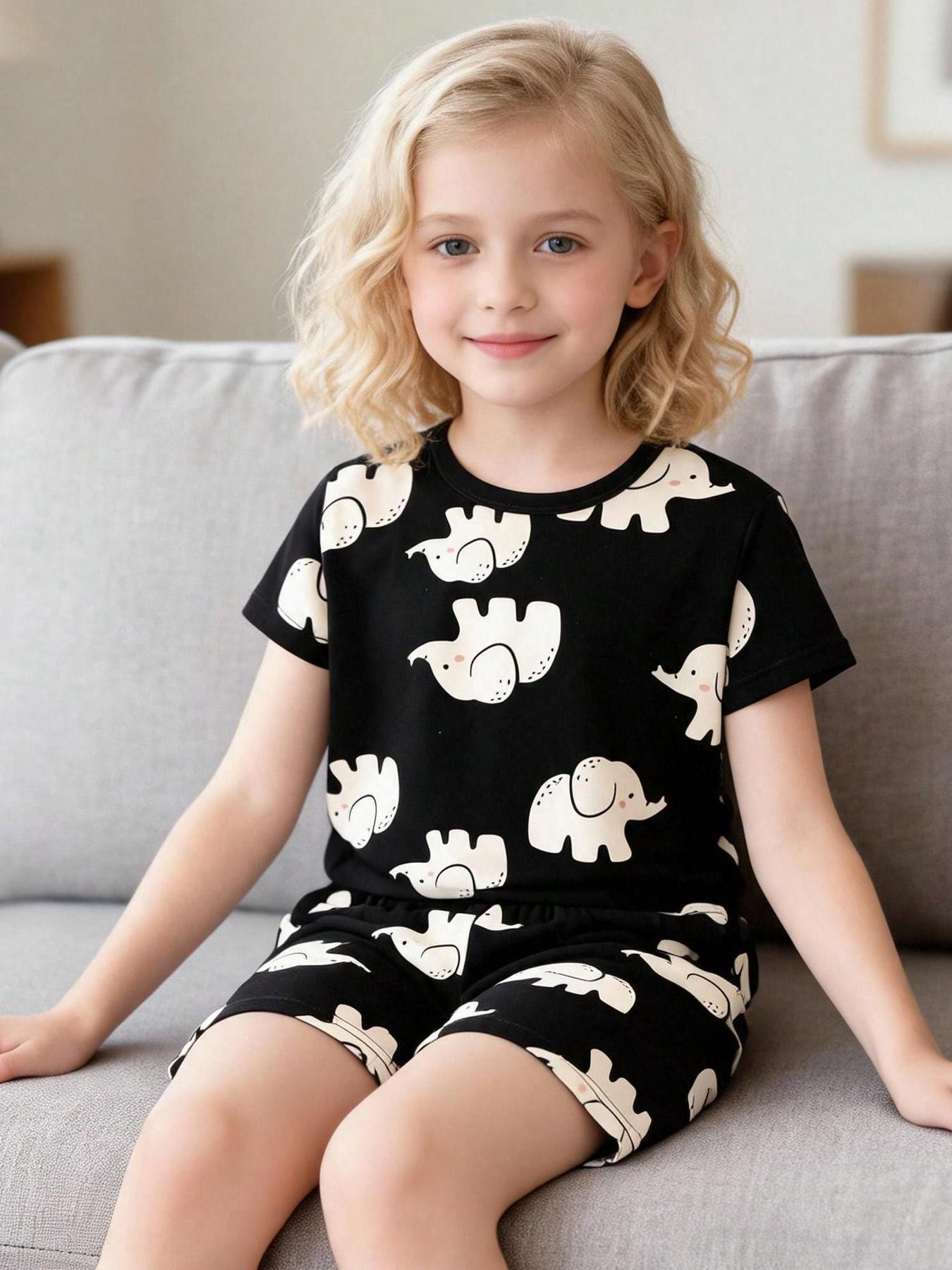 Boys' 2-Piece Home Wear Set, Short Sleeve Elephant Print Pajamas, Lightweight Casual for Spring & Fall, Ideal for Daily Wear & Outdoor Activities