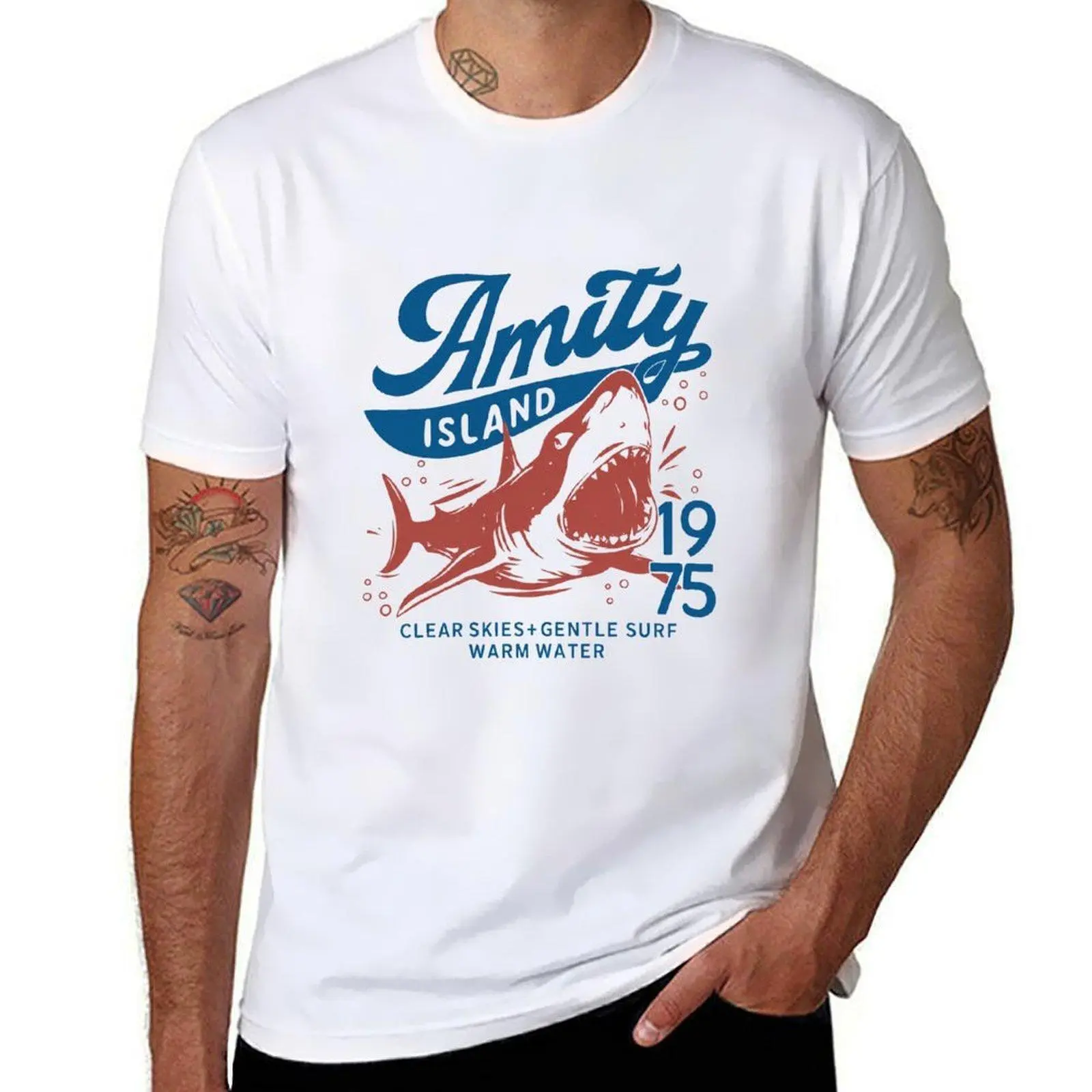 Men's Jaws Amity Island 1975 Unisex Shortleeve Cotton T-Shirt - Classic Casual Fashion Fabric, Movie-Inspired Gift for Film Buffs, Retro Beach Top, Shortsleeve, Menswear, Soft