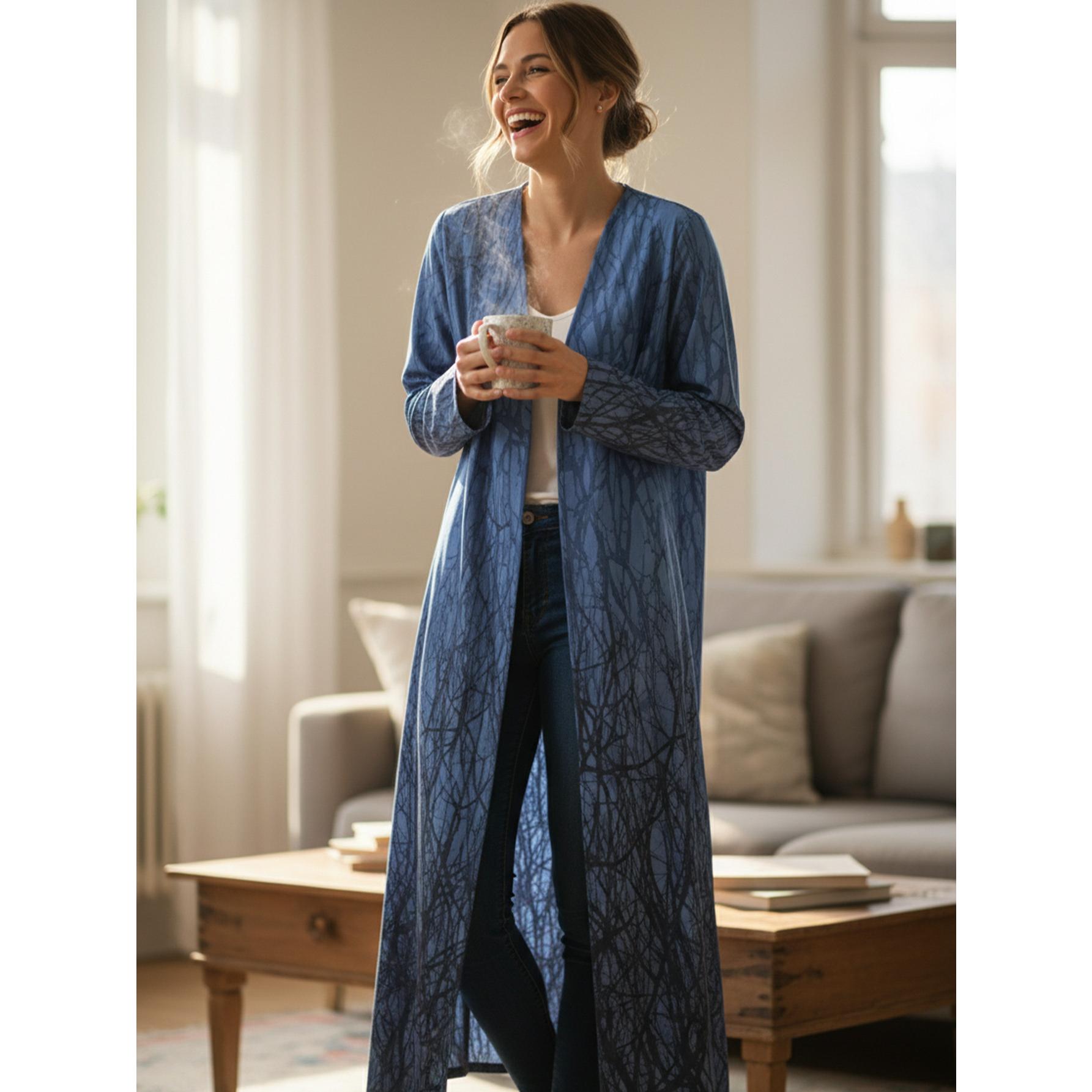 Midnight Forest Print Open Abaya Artistic Blue Kimono Cardigan | One Size Fits Most S-2XL | Perfect for Beach Resort, Art Gallery & Summer Evenings