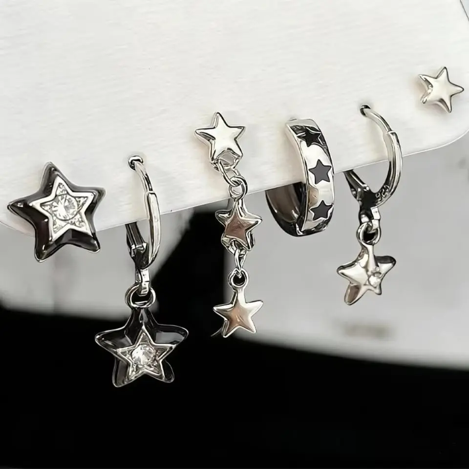 6Pcs Y2K Star Earrings Set For Women Fashion Goth Crystal Dangle Hoop Earrings  y Party Daily Wear Jewelry Birthday Gift New