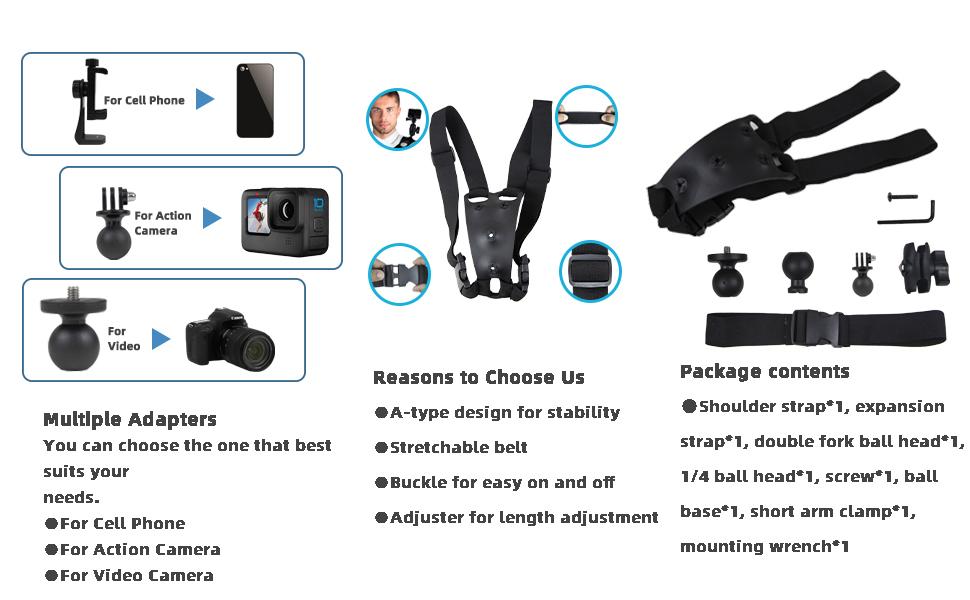 GoPro Adjustable Shoulder Strap Mount, 3-in-1 Chest/Waist Strap for Action Cameras, Compatible with GoPro, DJI, and Akaso; ideal for vlogging, drones, and the gym
