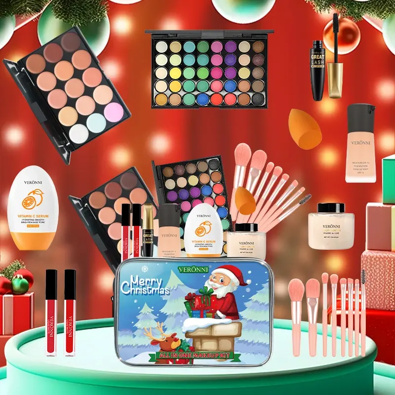 Veronni Christmas Makeup Gift Set, 10+ Pieces Professional Cosmetics, Eye Shadow, Concealer, Mascara, Foundation, Lip Gloss, Brush, Organizer