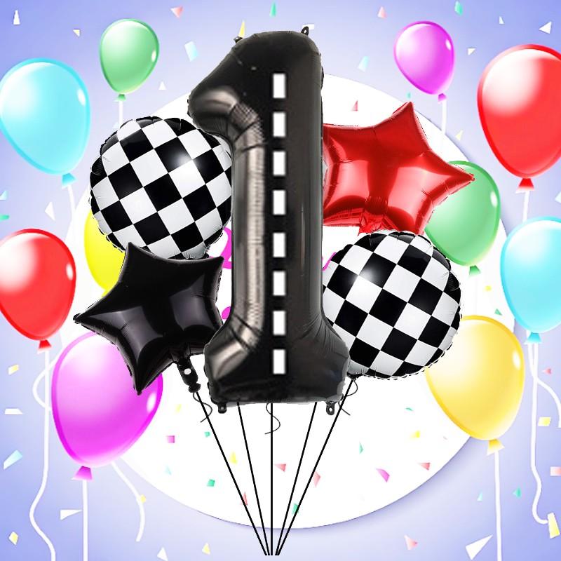 Race Car Theme Number Star Balloons, Checkered Foil, Multi Shape Mixed Color Set, Boys Birthday Party Decor