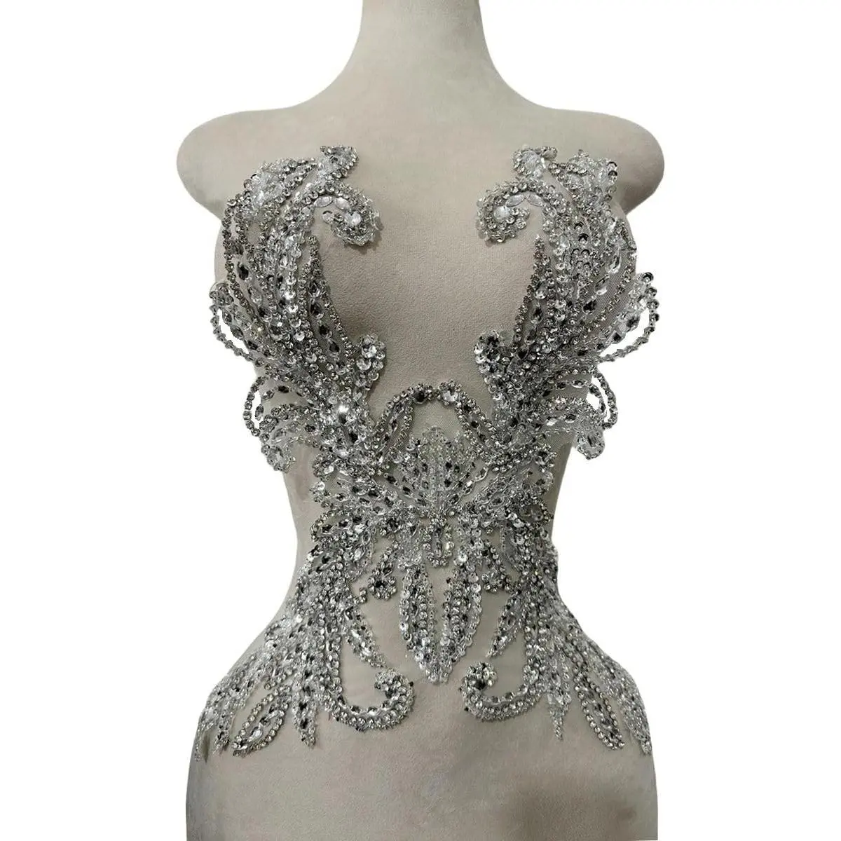 Pure Handmade Rhinestones Beads Applique sew on Crystal Sequins lace Trim Patches Accessories for Dress Clothing Shiny Bead Decorative Material 14.5X18.5inches (Silver)