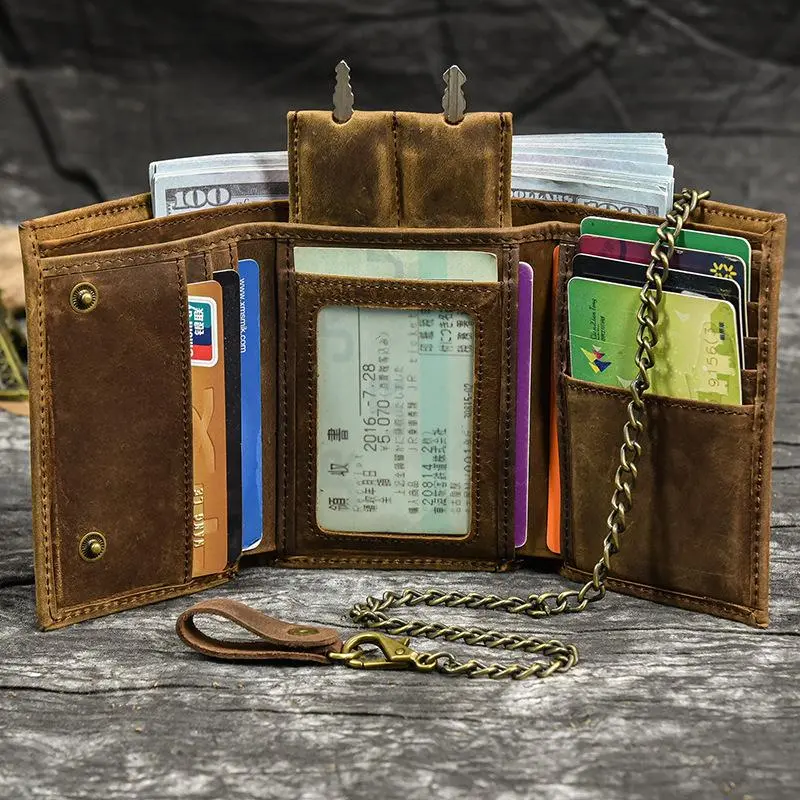 Men's Full Grain Leather Trifold Wallet Multi Card Slots Card Holder Wallet Purse With Wallet Chain