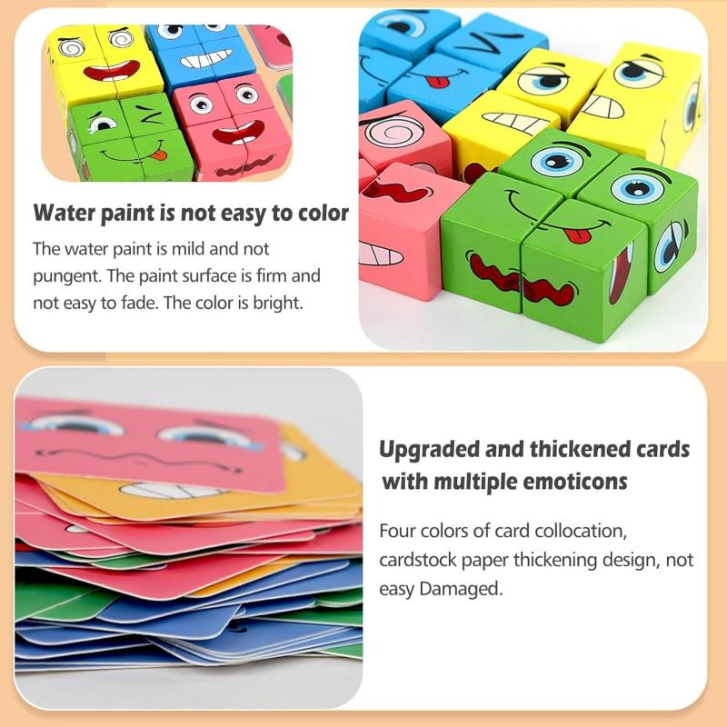 Wooden Face Changing Magic Cube Game[16 blocks + 72 cards], Expression Puzzle Building Blocks Pattern Matching Game, Educational Puzzles Toy Board Games for Kids and Adults with Bell