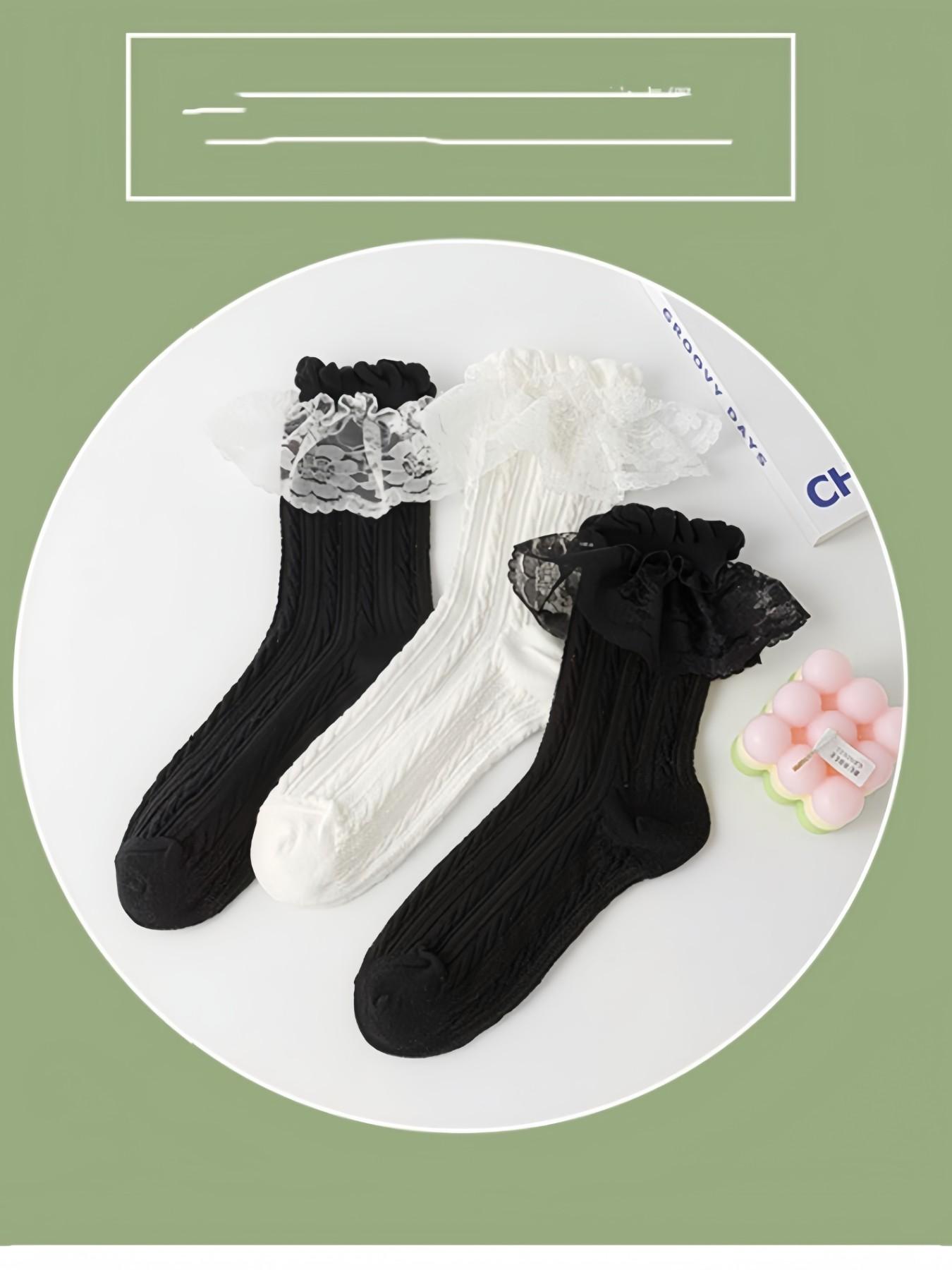 Lolita Lace Trim Socks for Women, Japanese Style Mesh Breathable Mid-Calf Socks, Perfect with Mary Jane Shoes