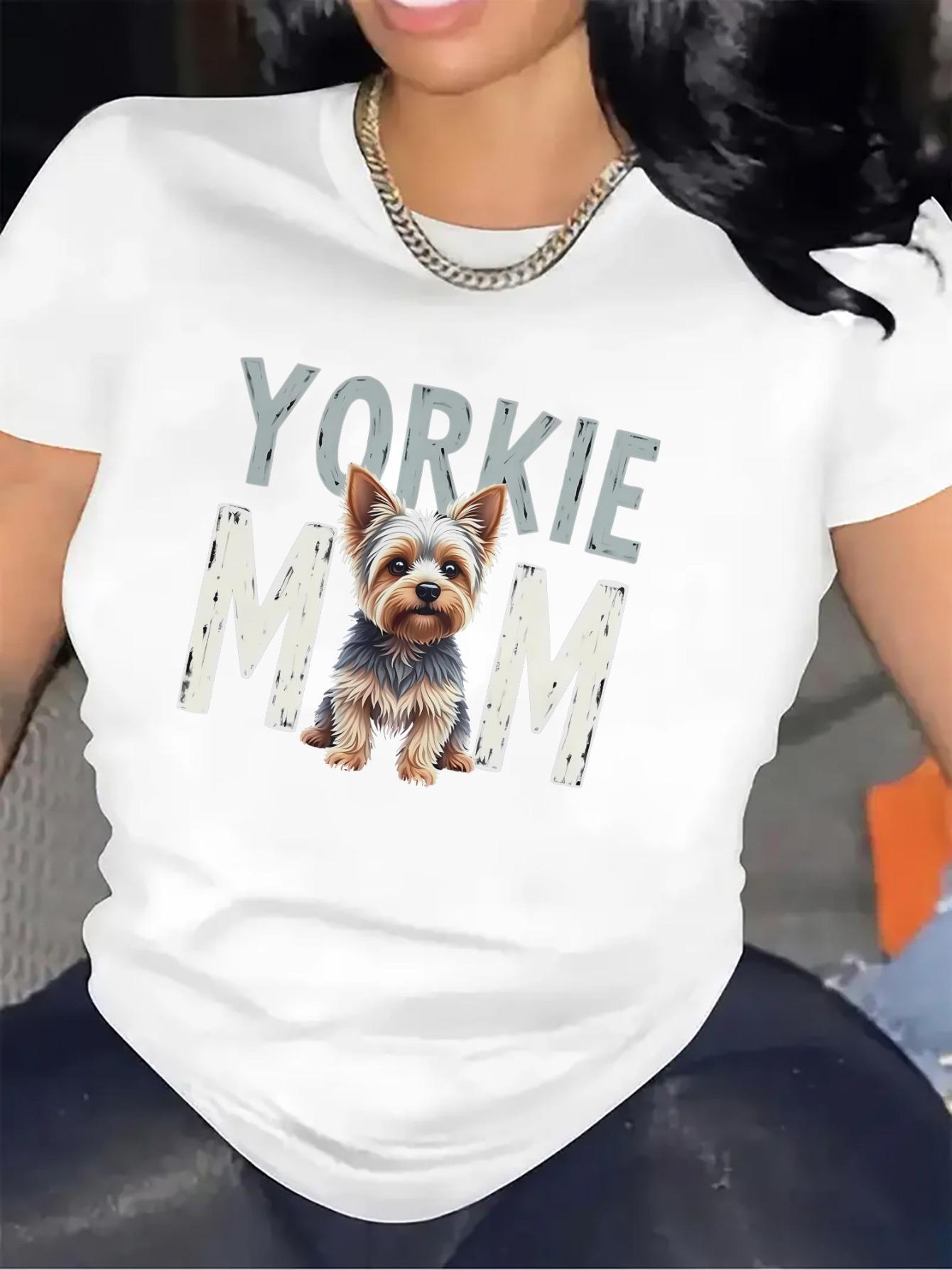 Women’s Yorkie Mom Distressed Yorkshire Terrier Dog Graphic T‑Shirt, Pet Lover Print Crew Neck Tee, 100% Cotton Short‑Sleeve Casual Top, Cute Dog Owner Gift Trendy All‑Season Shirt For Ladies