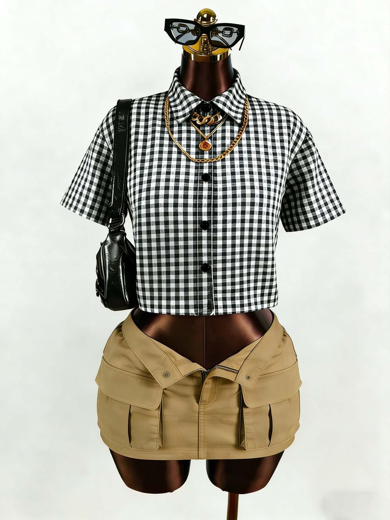 tiktokshopspringglowup Viral Gingham umbilical plaid top paired with work pants mini skirt 🖤  Y2K streetwear, checkered button down shirt, low waist practical skirt, summer out fashion, casual daily wear