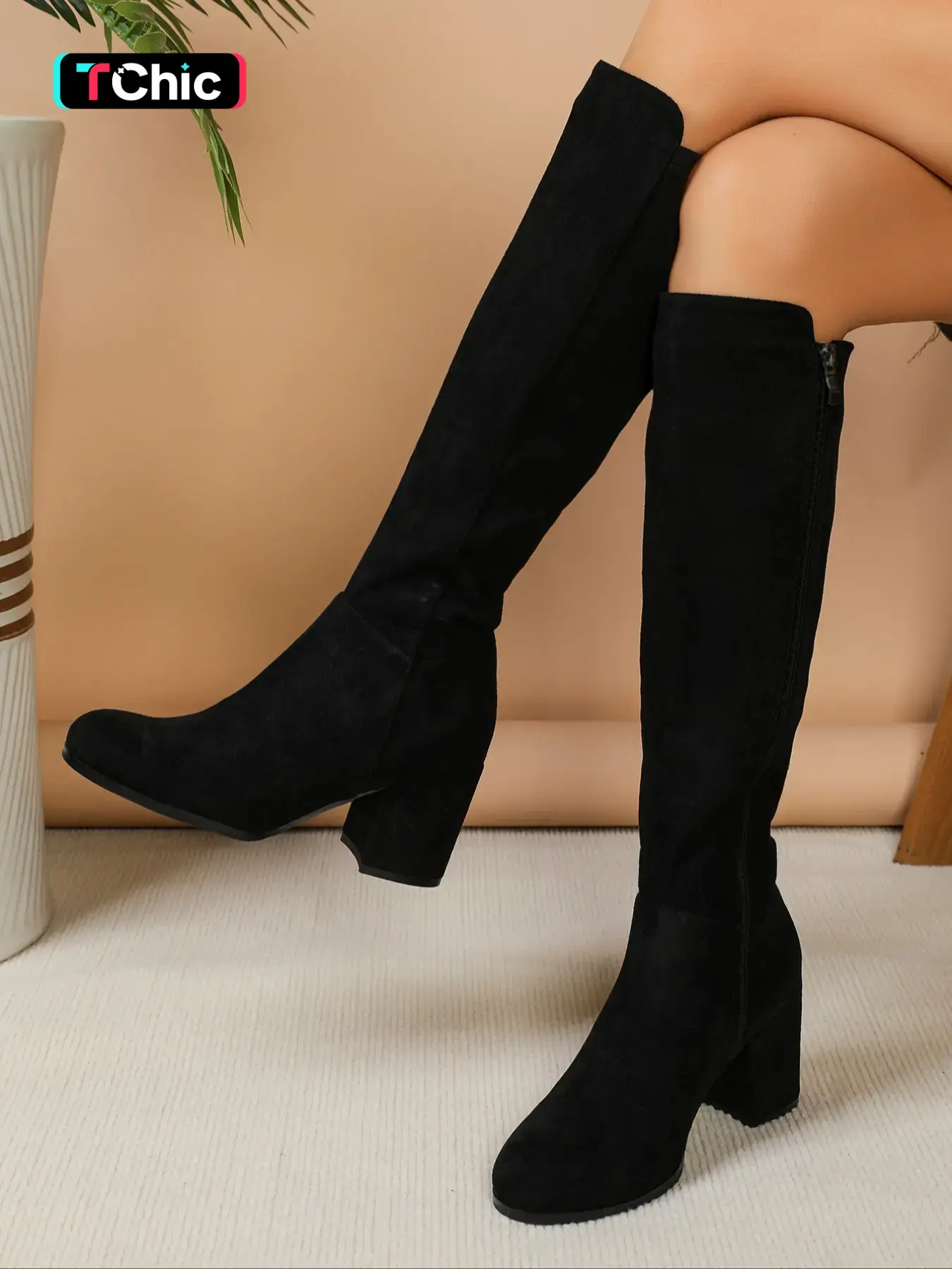 Women's Solid Color Round Toe Boots, Boot Heels, Women Shoes, Footwear, Fashionable Stylish Elegant Classic Knee Boots for Fall & Winter, Casual Comfortable Shoes for Daily Wear, Perfect for Outdoor