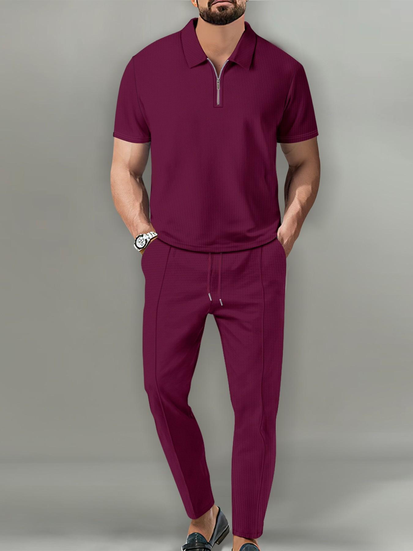Men's Two-Piece Set Outfit for Summer, Menswear Quarter-Zip Polo Shirt and Drawstring Pants, Casual and Urban Style, Perfect for Relaxing Days