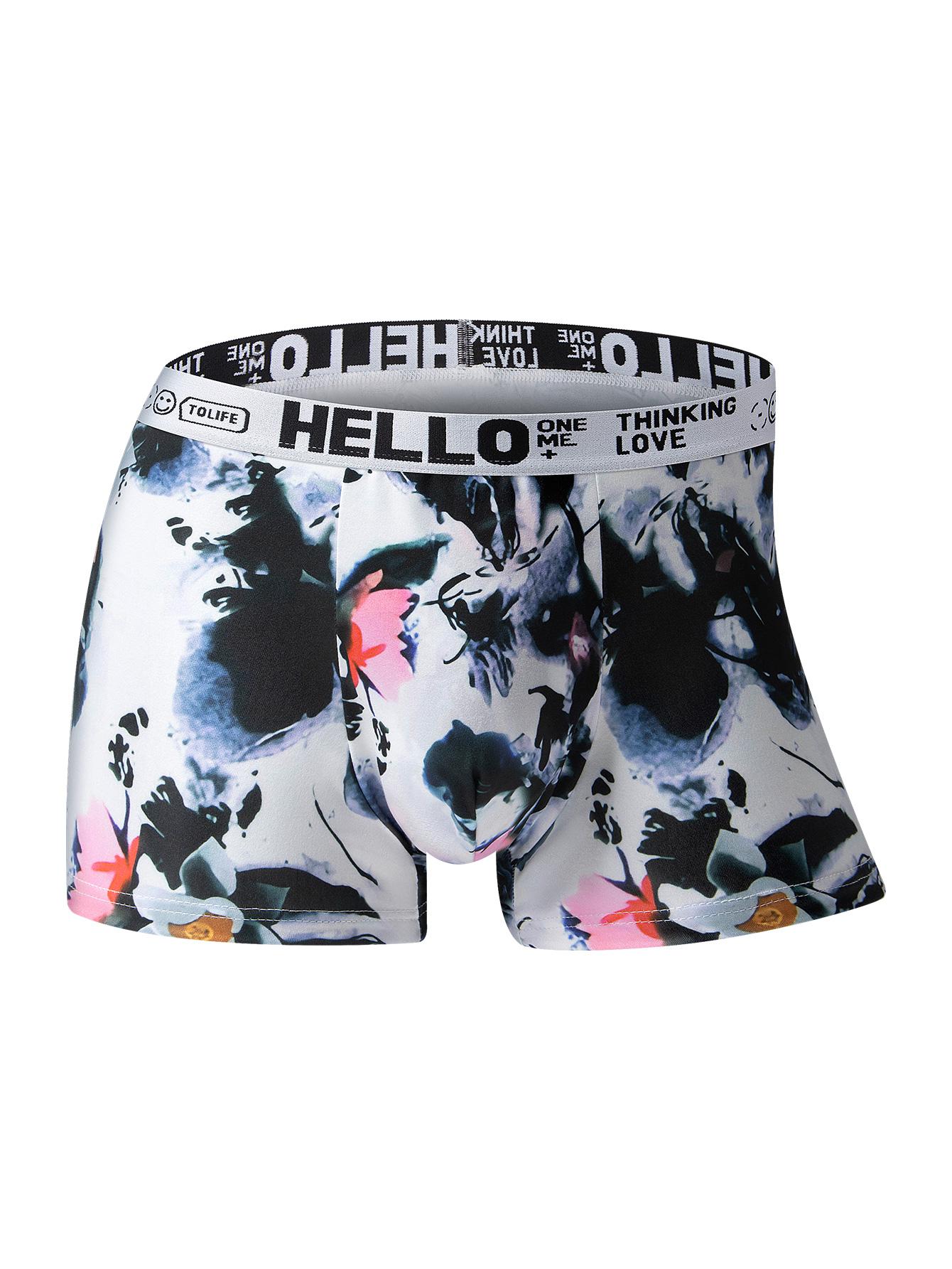 4 pcs random men's “HELLO” printing flat cornered underwear, The fabric is lightweight and soft, Elastic waistband, Suitable for daily home casual wear, Fashionable design, Universal throughout the four seasons, Novel men's underwear.