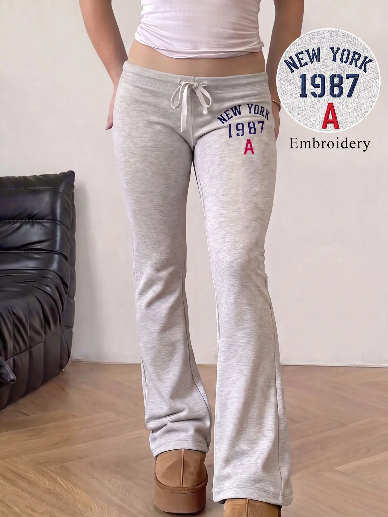 Heather Grey Low Waist Drawstring Adjustable Micro Flare Sweatpants for Women, NEW YORK 1987 Letter Embroidery Slim Bootcut Casual Trousers, Soft Stretch Y2K Loungewear Pants for Daily Street Autumn Going-out Outfits Bottoms