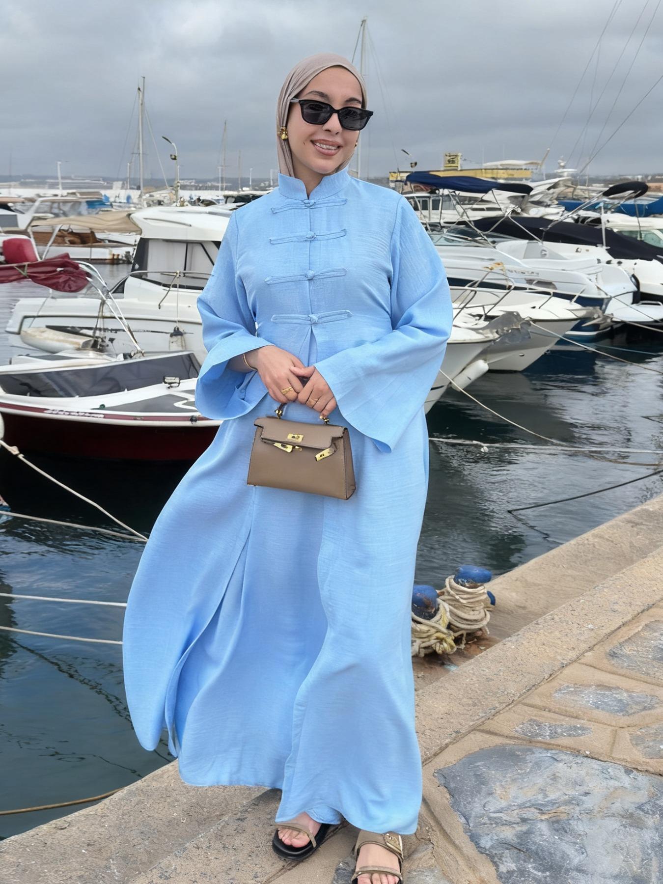 Women's Ramadan Muslim Abaya Solid Color Elegant Cardigan + Long Sleeve Dress Set, Casual Slim-Fitting Two-Piece, Modest Muslim Outfits, No Hijab Included