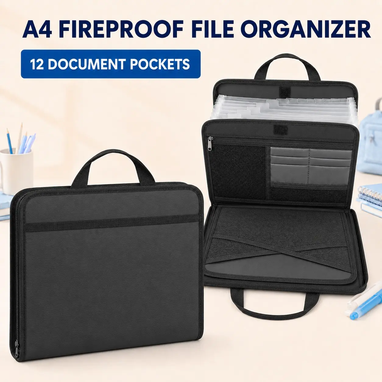Fireproof File Folder with Handle, Large-Capacity A4 Document Bag, Document Storage Bag & Paper Organizer, Office Stationery & Supplies