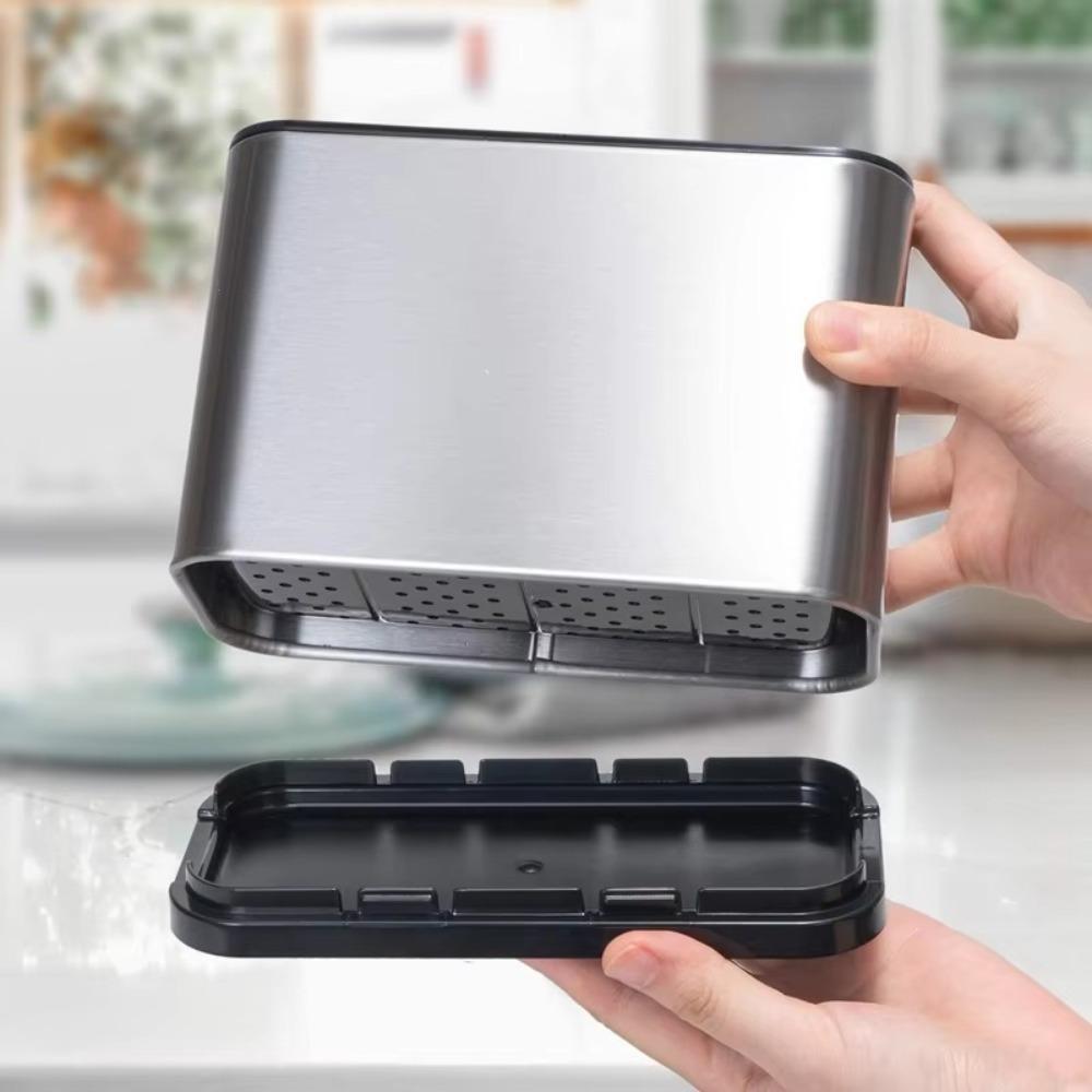 Kitchen Stainless Steel Utensil Holder - 1 Divided Bins Caddy with 4 Compartments, Sturdy Rust-Proof Home Organizer Storage Solution