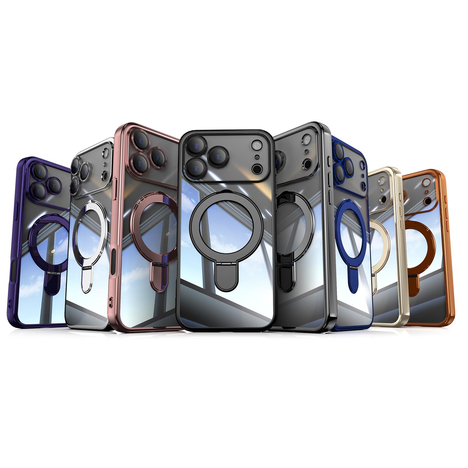 Compatible with iPhone 17 Pro Max 16 15 14 13 12 Case with Invisible Magnetic Ring Stand Compatible with Mag-Safe Full Camera Lens Protector Plating Clear Phone Case