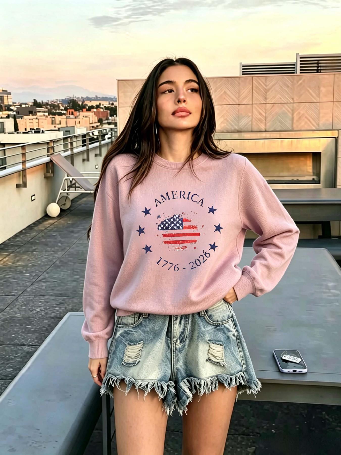 Vintage Heart American Flag Print Sweater, Independence Day Atmosphere, Usa 250th Anniversary, Retro Patriotic Style, July 4th