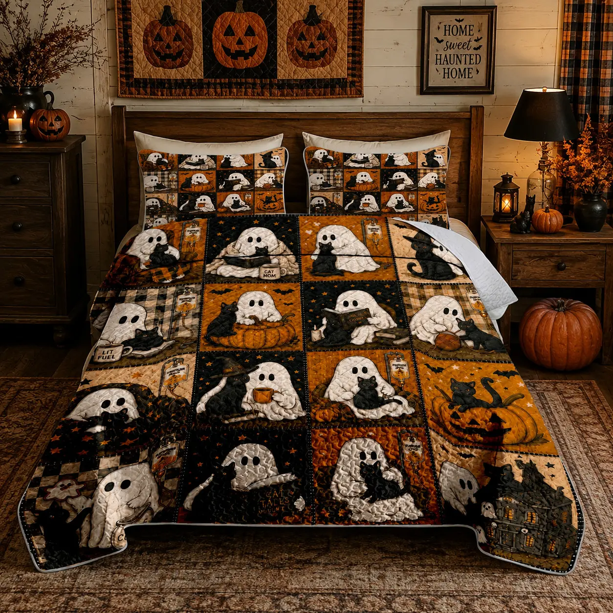 [Back to School] 3-Piece Halloween Ghost Black Cat & Pumpkin Quilt Set, Farmhouse Patchwork Bedspread with 2 Pillow Shams, Soft Lightweight Wrinkle-Resistant Breathable Fade-Resistant All-Season Bedding for Queen/King Beds, Halloween Bedroom Decor