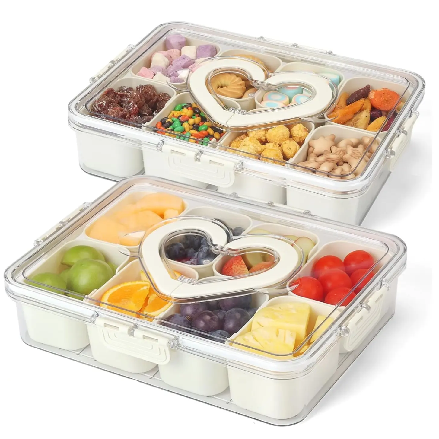 2 PCS Sectioned Snack Tray and Storage Box Featuring A Leak-Proof Lid and Handle. Includes Removable Inner Containers. This Spill-Proof, Portable Tray is Ideal for Kids' Snacks, Fruit, Candy, and Nuts, and is Perfect for Picnics and Parties.