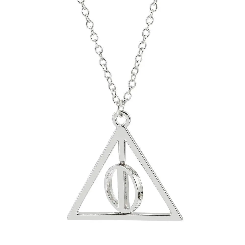Silver Rotatable Deathly Hallows Triangle Pendant Necklace, European-American Anime Character Movie Fashion Jewelry, Cosplay Style Chain Jewelry, Cosplay Style Necklaces, Chain Jewelry Necklaces