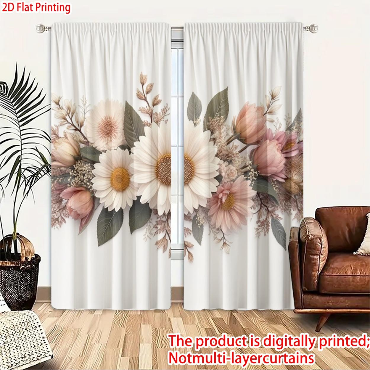 2 pieces, 2D flat printing, polyester materialFlower DecorationPatterned print, light-filtering curtains, Window Curtain, suitable for decorating bedrooms, living rooms, and other settings; features a rod pocket design for easy rod installation.