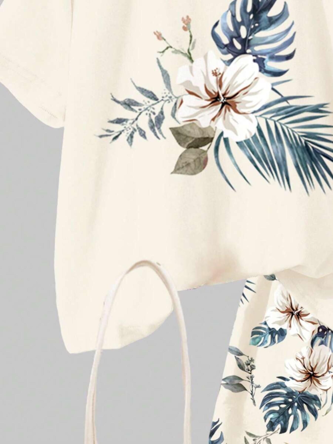 Girls Vibrant Floral Print T-Shirt and Shorts Set, Summer Outdoor Campus, Fashionable Trendy Casual Wear, Loose-Fitting Suit, Tropical Print Set, Summer Clothes Set