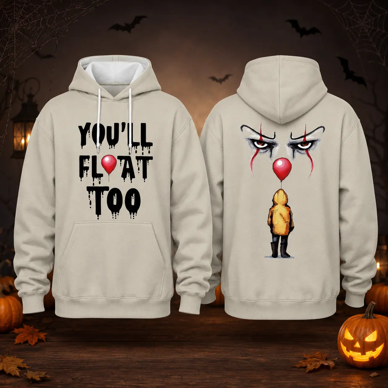 Unisex You'll Float Too Graphic Hoodie, Spooky Halloween Red Balloon Clown Design Pullover, Casual Long‑Sleeve Hooded Sweatshirt for Fall Holiday Daily Outfit