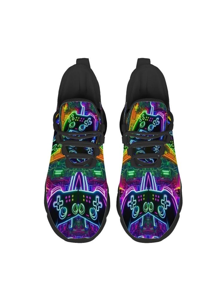 1 Pair Neon Game Controller Cyberpunk Print Blade Thick Sole Dad Shoes E-Sports Trend Shock Absorbing Breathable Casual Sneakers For Men Women