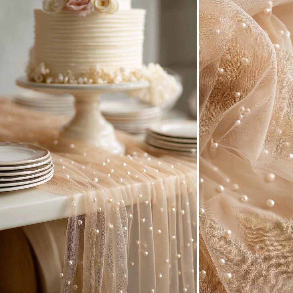 A 1/2/3-piece set of champagne-colored pearl tulle table runners, Sheer, suitable for romantic wedding venues and holiday party decorations.Adorn tables, arches, chair backs, and bridal veils, perfect for Valentine's Day and spring outdoor weddings