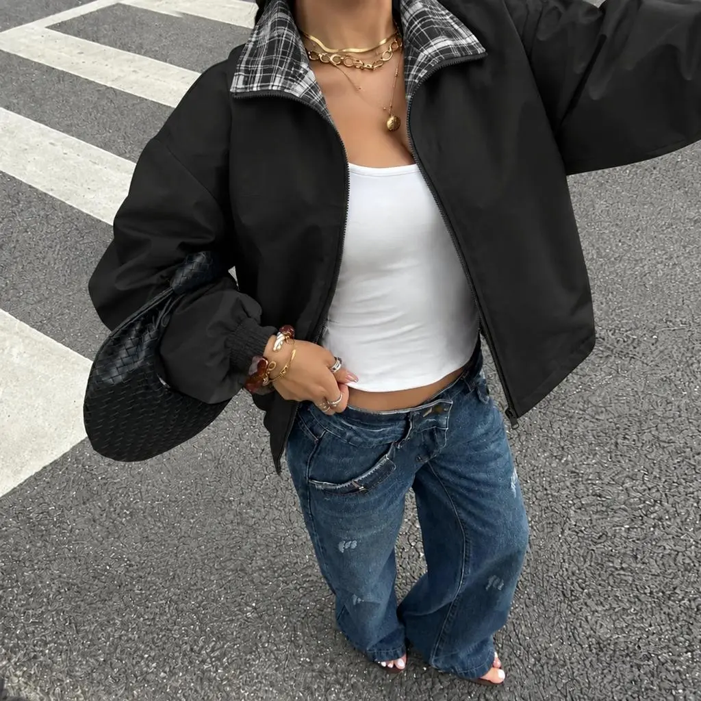 Women Zip Up Jacket, Plaid Lined Stand Collar Bomber Coat, Elastic Cuffs Long Sleeve Loose Oversized Outerwear, Casual Drop Shoulder Windbreaker Jacket, Lightweight Transition Coat For Daily Streetwear, Shopping And Weekend Casual Outfits.