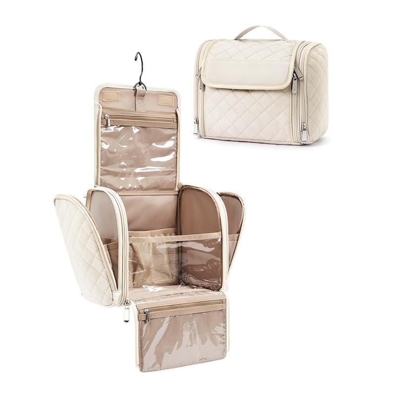 Portable Diamond Pattern Makeup Bag, Layered Large Capacity Design, Hangable Storage for Various Items, Convenient and Stylish