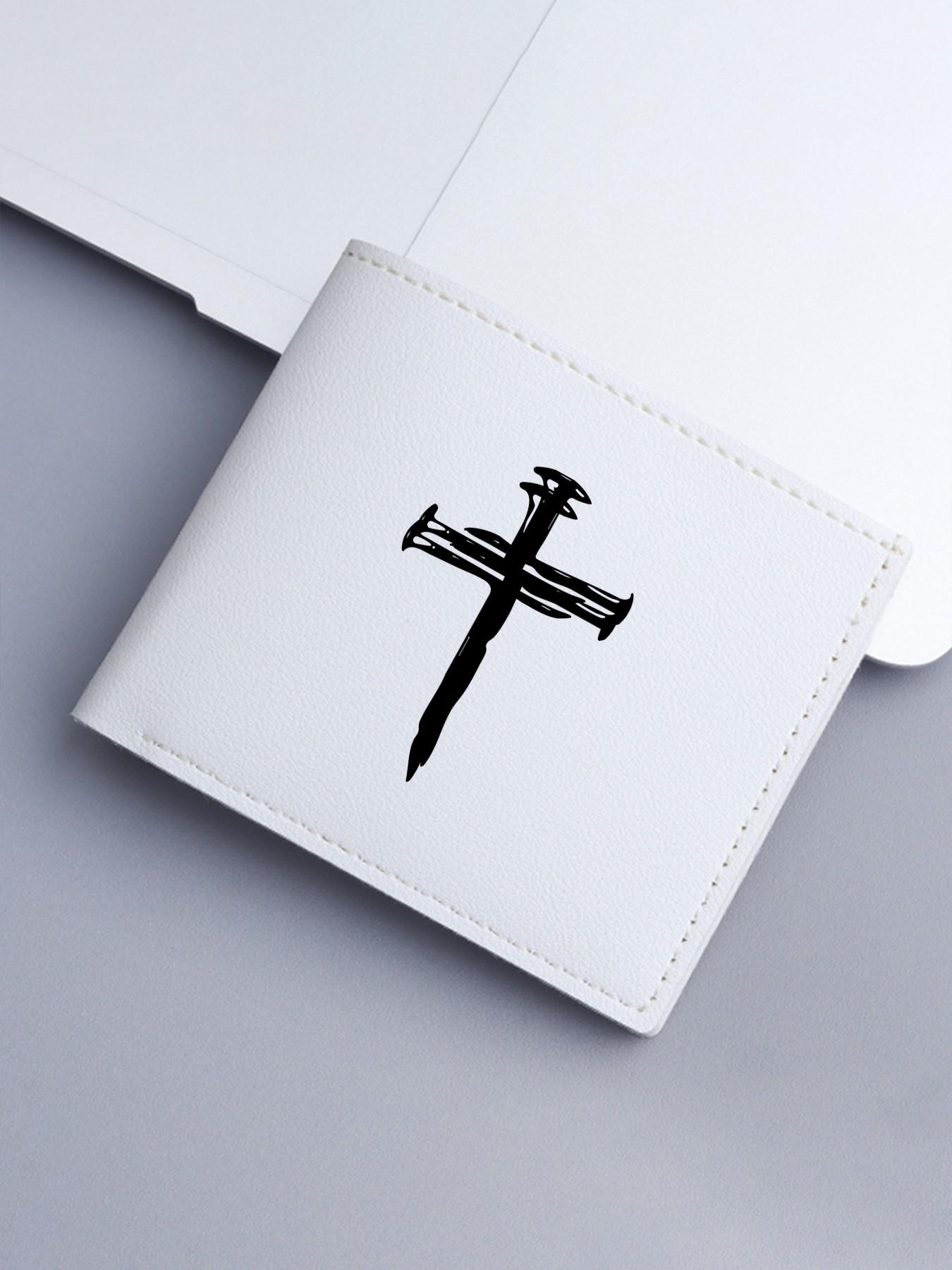 Neutral Style PU Leather Cross Print Wallet, Compact Foldable Card Holder, Unisex Lightweight Religious Money Clip, Ideal for Work, School, Travel