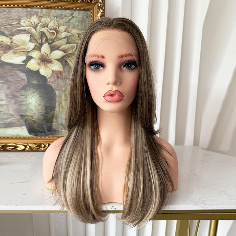 Lovestory Penelope Hair Blonde Highlight Synthetic Lace Front Wigs Heat Resistant 20Inch Pre Cut Pre Layered Lace Front Wigs for Women Natural Hairline