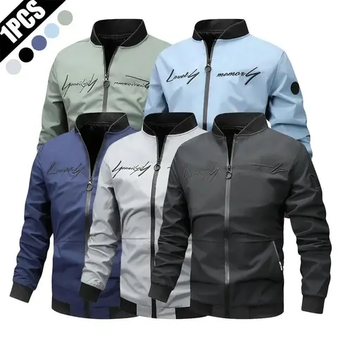 Men's Regular-Fit Chic Woven Zip-Up Pilot Jacket - Autumn Winter Windproof Lightweight Long-Sleeve Baseball Collar Coat for Work & Travel, Black Menswear Outerwear