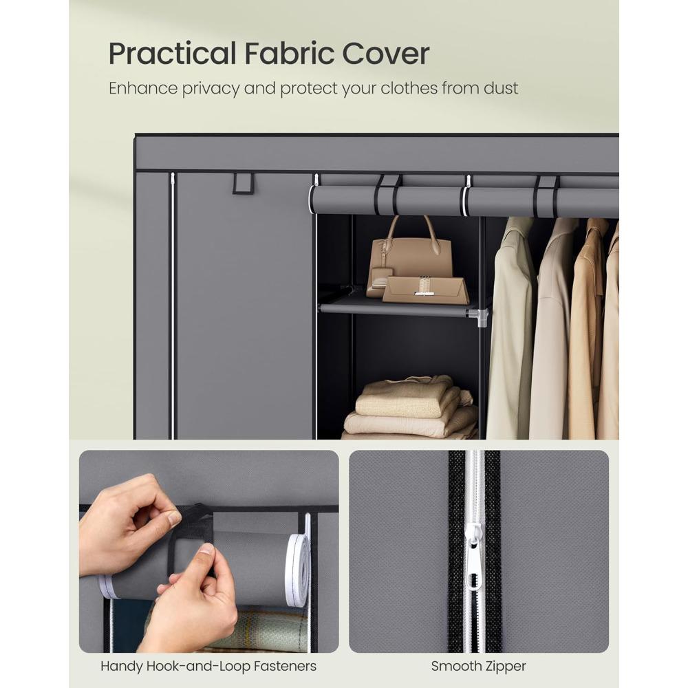 64-in Portable Non-Woven Fabric Wardrobe, Multi-Functional Portable Closet with Cover, Gray Indoor Furniture Storage Armoire for Apartments, Wardrobe Storage Rack Solution