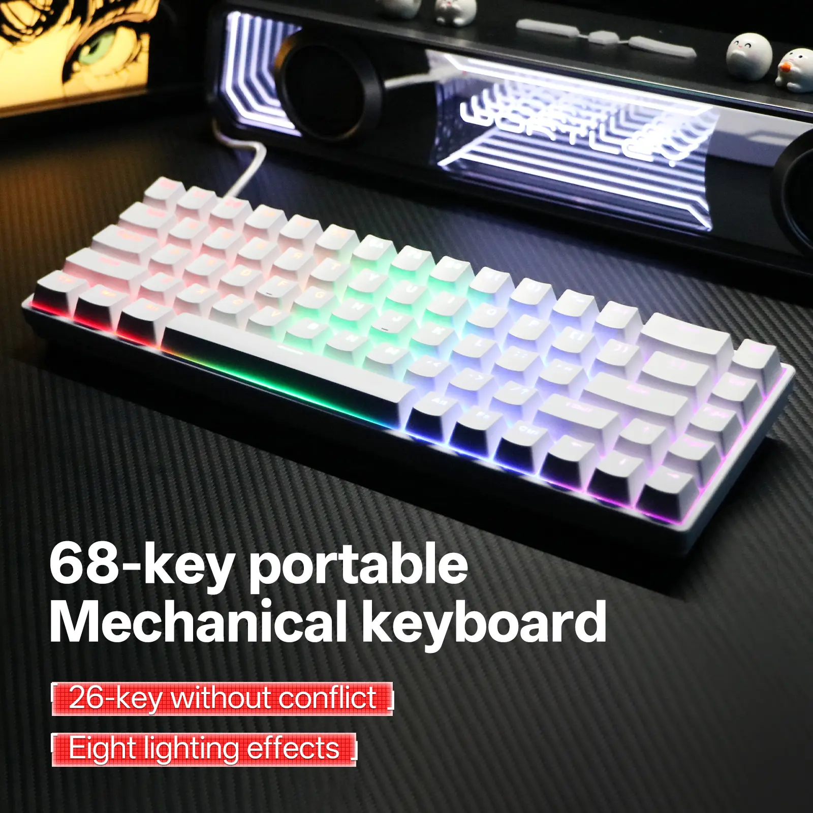 KL61 68-Key Wired Mechanical Gaming Keyboard, Compact RGB Backlit Keyboard with Anti-Ghosting for PC, Laptop and Desktop