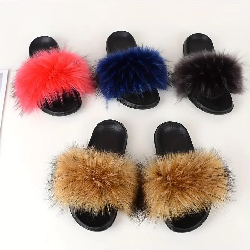 Women's Faux Decor Flat Slippers, Open Toe Furry Fluffy Comfy Slides, Women's Indoor & Outdoor Shoes Footwear Girl Walking Shoes Flipflop Green