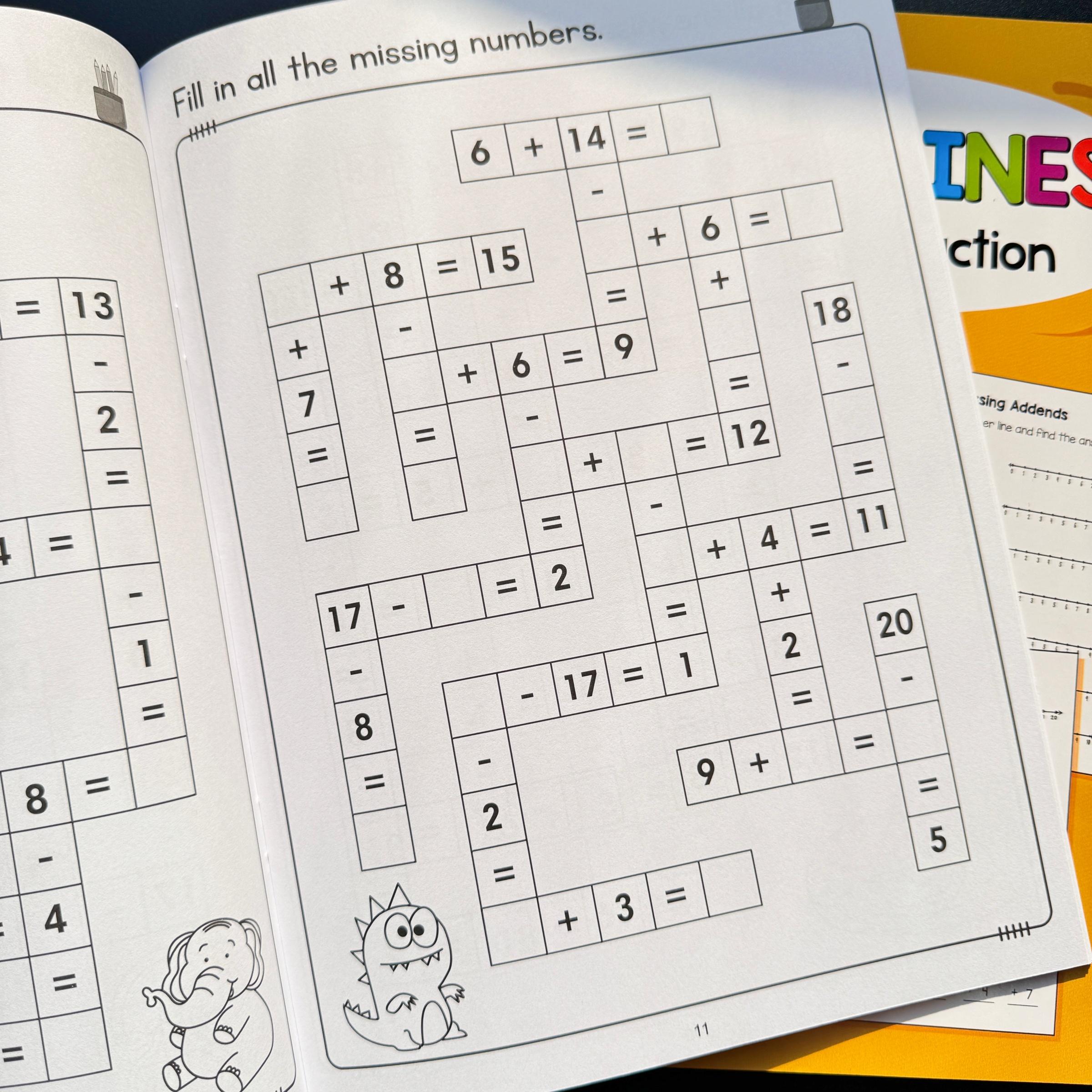 Math Addition and Subtraction Practice Book for Numbers 1-20, Fun Grid and Number Line Exercises, Early Education Learning Tool