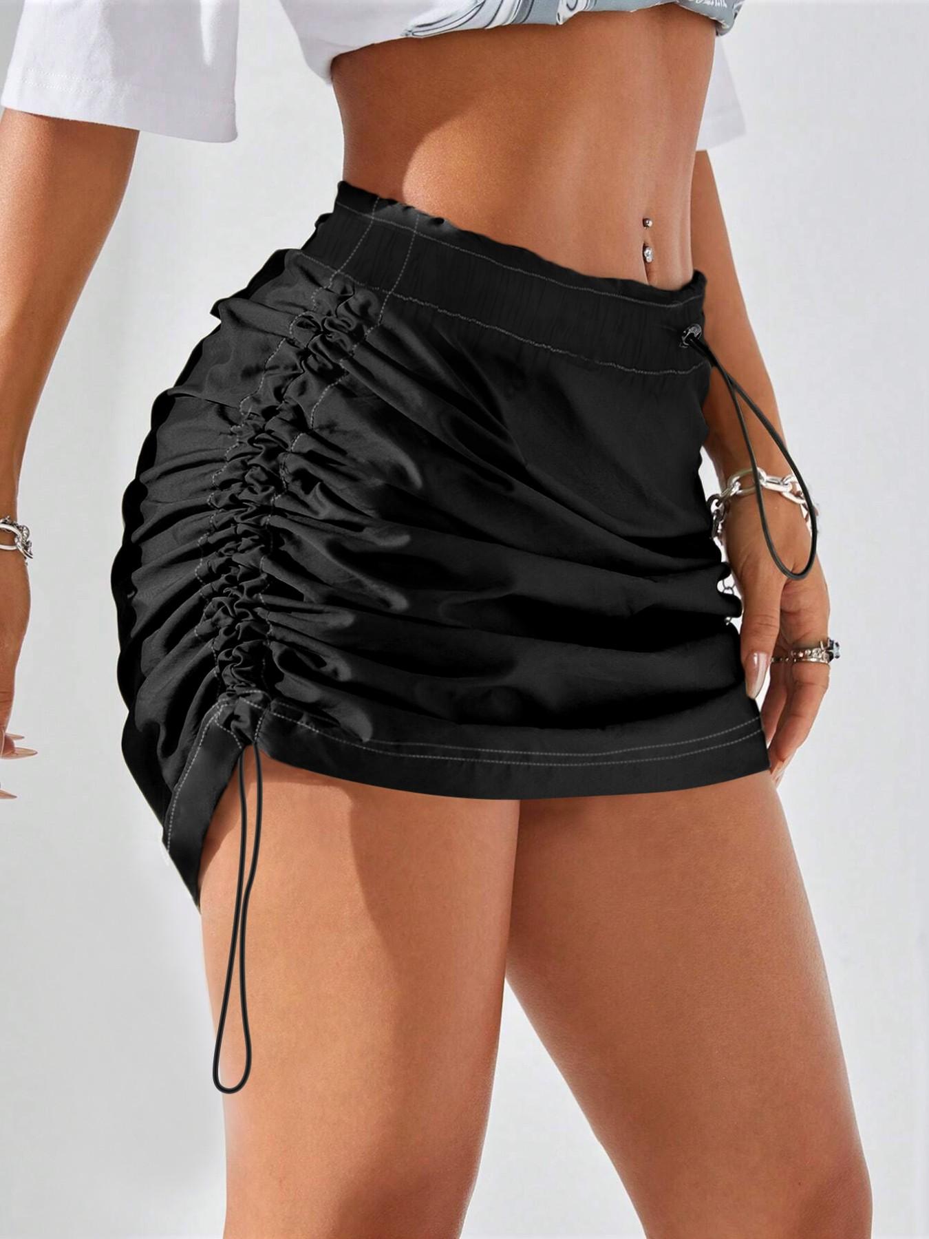 GILIPUR Women's Black Drawstring Ruched Mini Skirt, Mid-Rise Bodycon Skort with Side Tie Detail, Y2K Streetwear Casual Cargo Skirt for Summer, Beach, Club & Daily Outfits TChic
